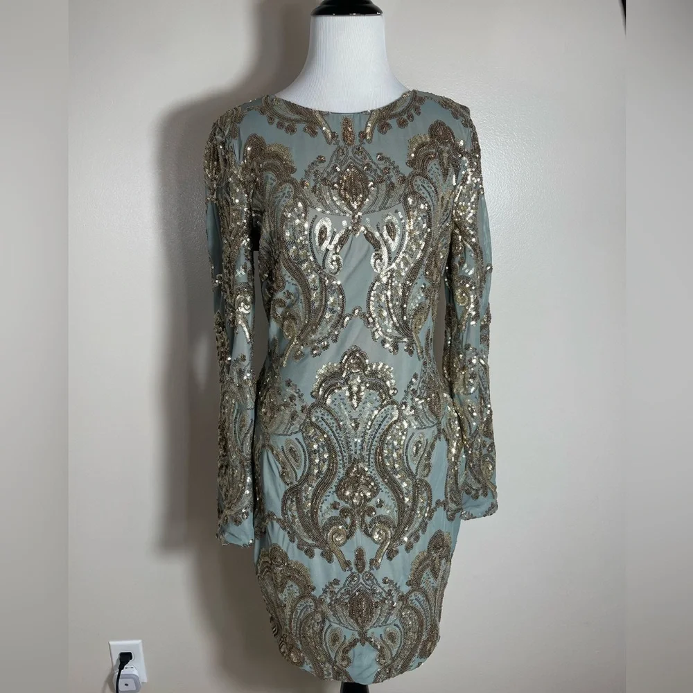 Dress the Population Gold and Shimmery Sage Long Sleeve Dress - Picture 1 of 4